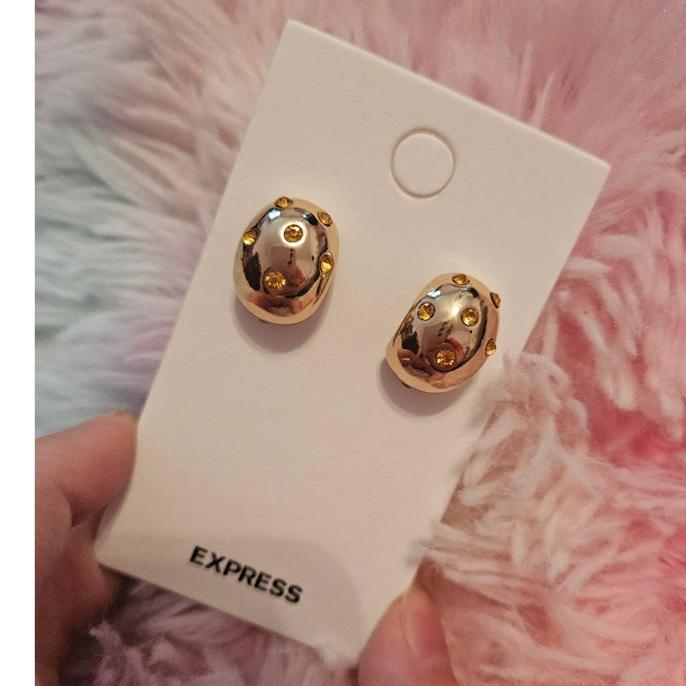NWT! Express Mod Style Gold-Tone Crystal Inlaid Huggie Half Hoop Earrings
